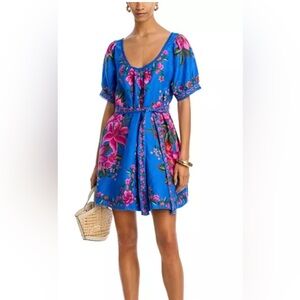 Farm Rio Dress Small Linen Blend Blue Summer Fruit Euroflax